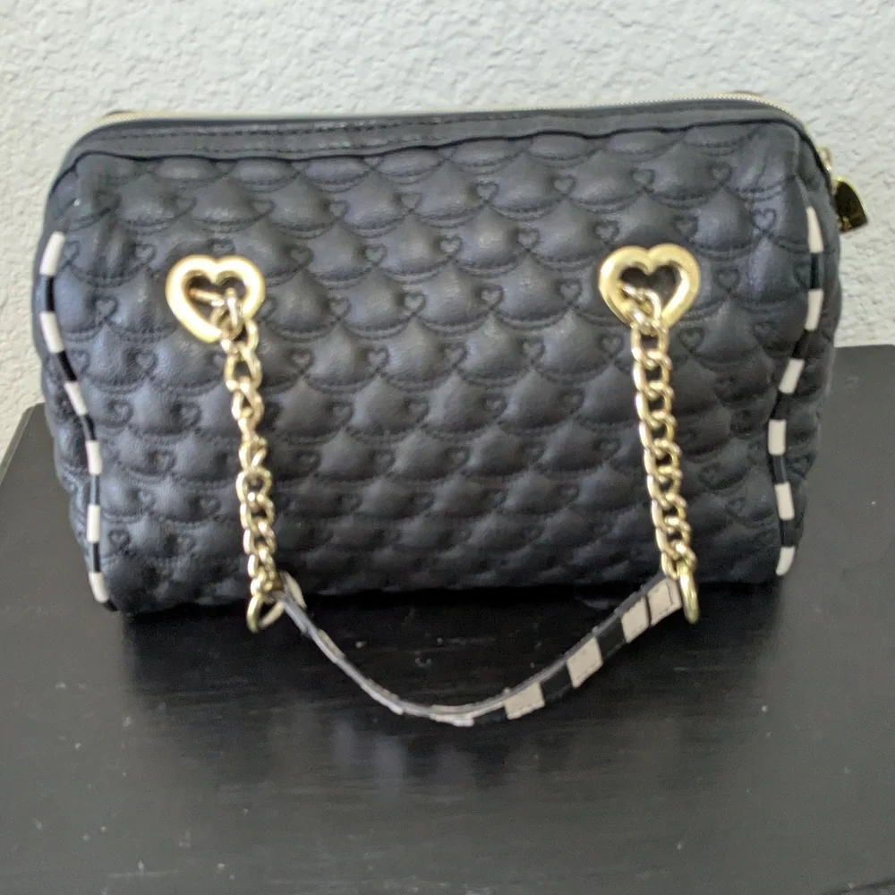 Betsey Johnson Black Quilted Barrel Satchel with Gold Chain Handles